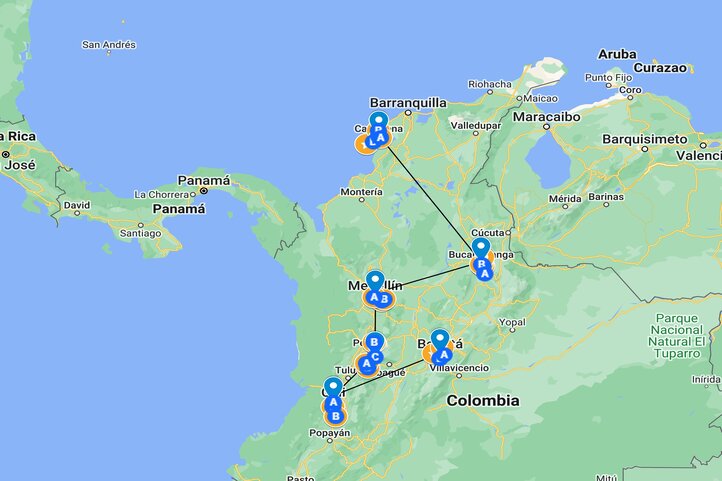 Colombia Golf trip Itinerary Map 26 days