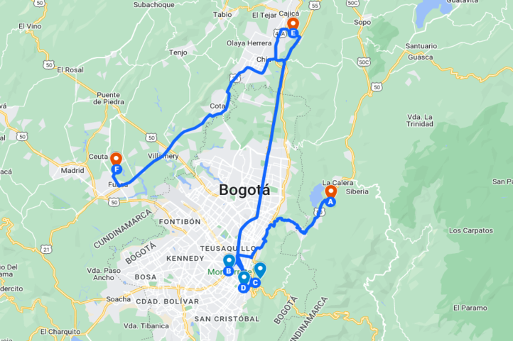 Bogota Golf trip Itinerary Map for 7 days