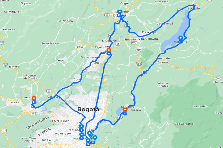 Bogota Golf trip Itinerary Map for 9 days