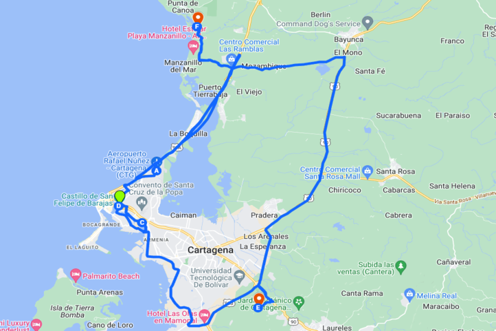 Cartagena Golf trip Itinerary Map for 6 days