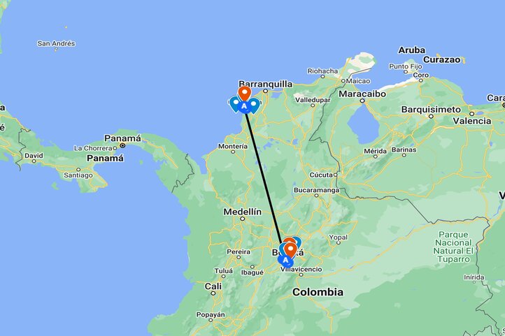 Map of golf trip itinerary in Colombia 2 destinations 10 days