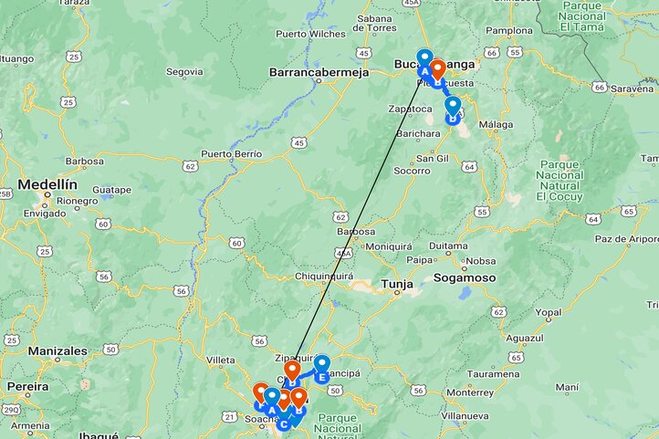Map of golf trip itinerary in Colombia 2 destinations 12 days
