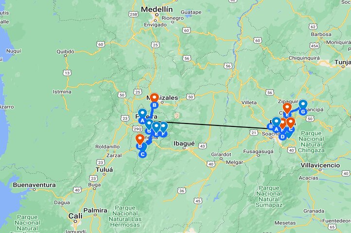 Map of golf trip itinerary in Colombia 2 destinations 13 days