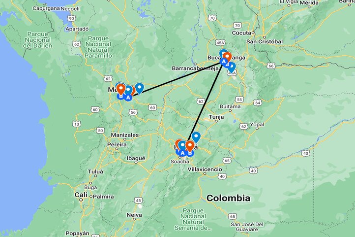 Map of golf trip itinerary in Colombia 3 destinations 10 days