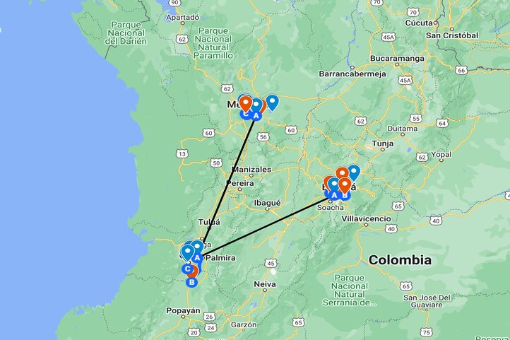 Map of golf trip itinerary in Colombia 3 destinations 12 days