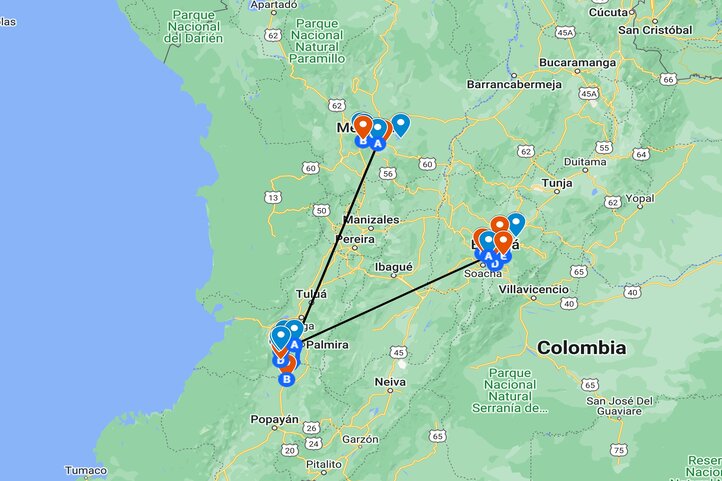 Map of golf trip itinerary in Colombia 3 destinations 13 days