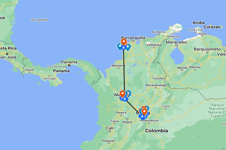 Map of golf trip itinerary in Colombia 3 destinations 14 days