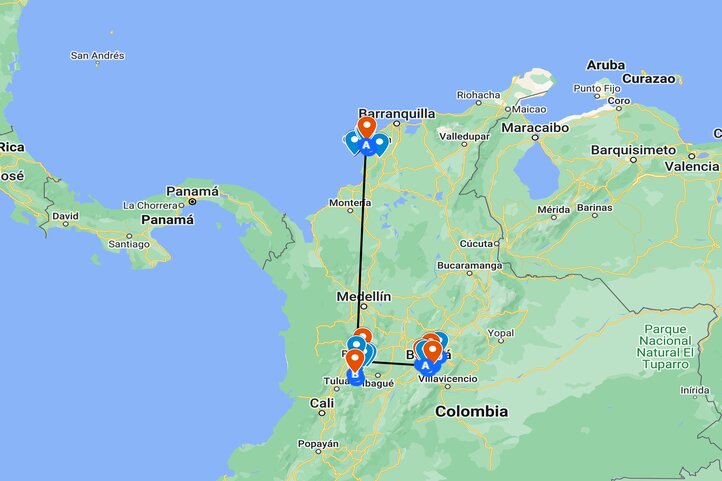 Map of golf trip itinerary in Colombia 3 destinations 15 days