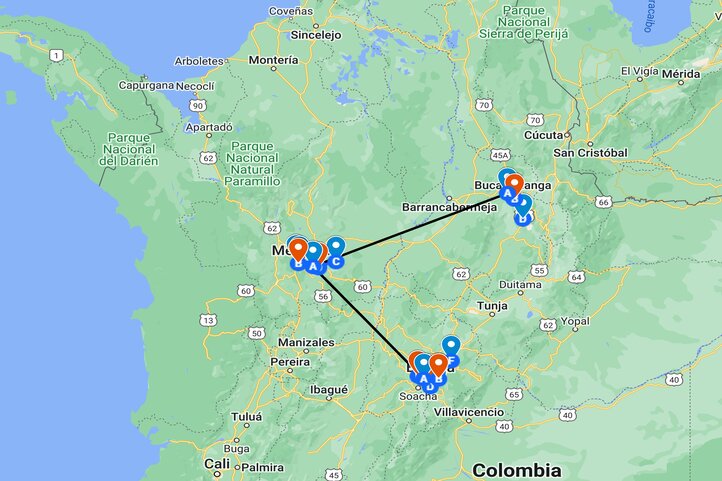 Map of golf trip itinerary in Colombia 3 destinations 16 days