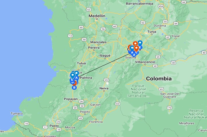 Karte der Golf-Reiseroute Kolumbien 2 Ziele 15 Tage