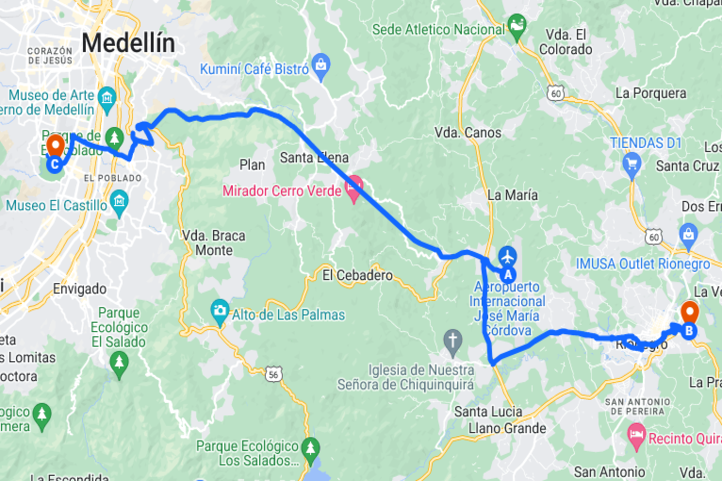 Medellin Golf trip Itinerary Map for 3 days