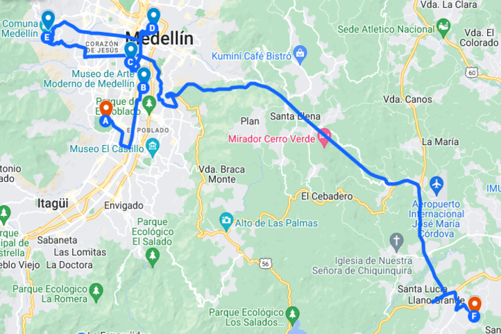 Medellin Golf trip Itinerary Map for 4 days