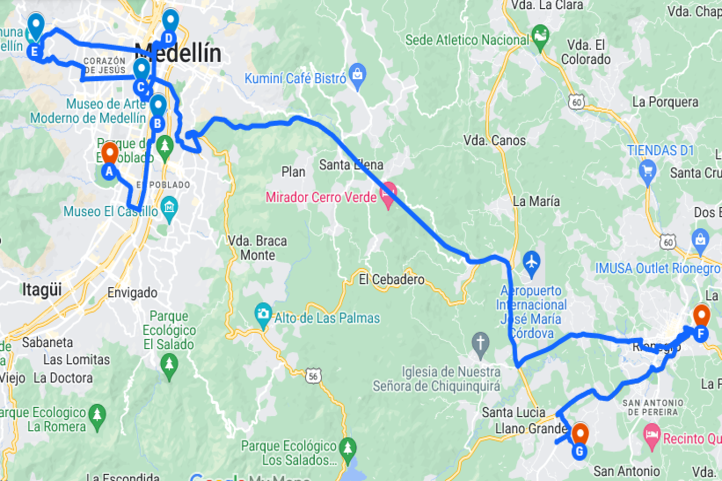Medellin Golf trip Itinerary Map for 5 days