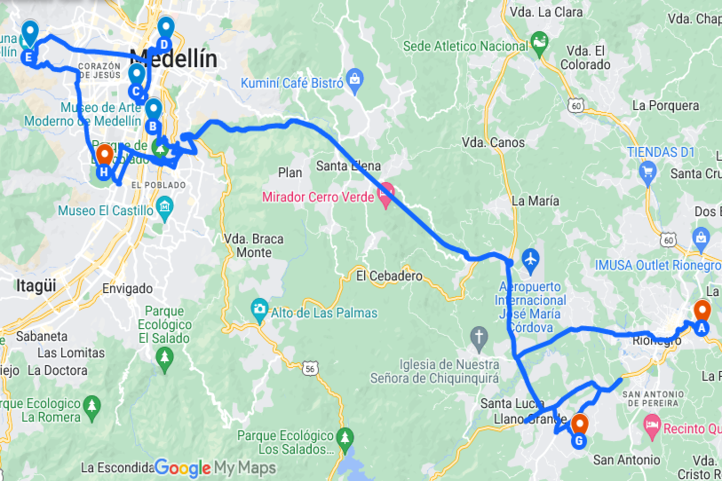 Medellin Golf trip Itinerary Map for 5 days